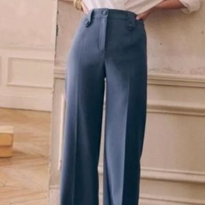 Sezane Pants Blue Yves Pleated High Waist Trousers Size 38 (6)